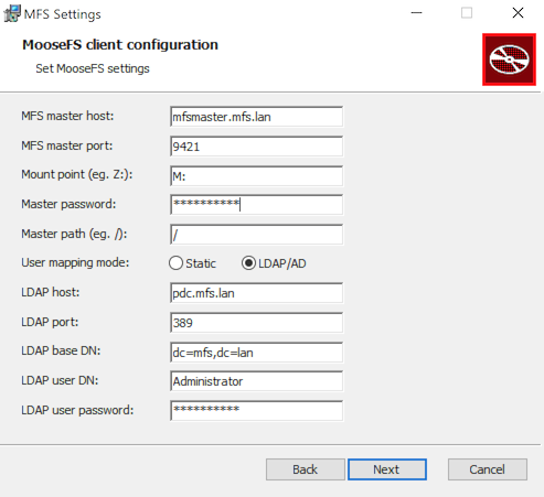 MooseFS Windows® Client Installer LDAP alt text